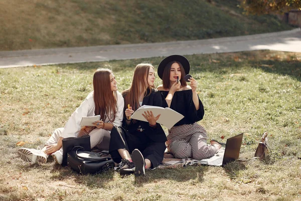 Tres estudiantes sentados en una hierba con portátil —  Fotos de Stock