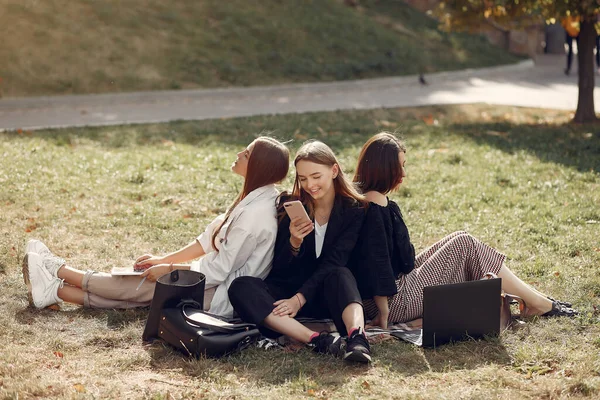 Trzech studentów siedzących na trawie z laptopem — Zdjęcie stockowe