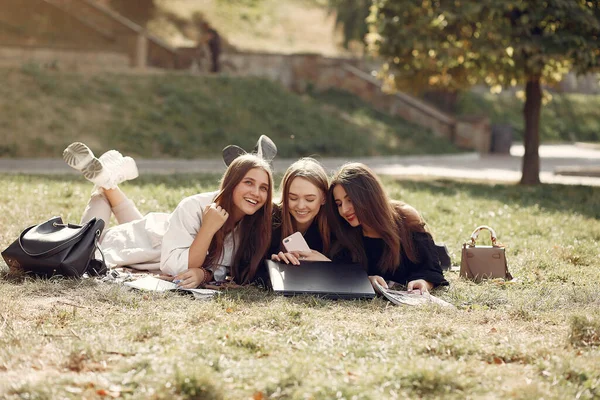 Three students sitting on a grass with laptop — Stock Photo, Image