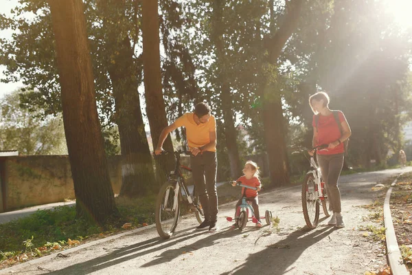 Familia con bicicleta en un parque de verano —  Fotos de Stock