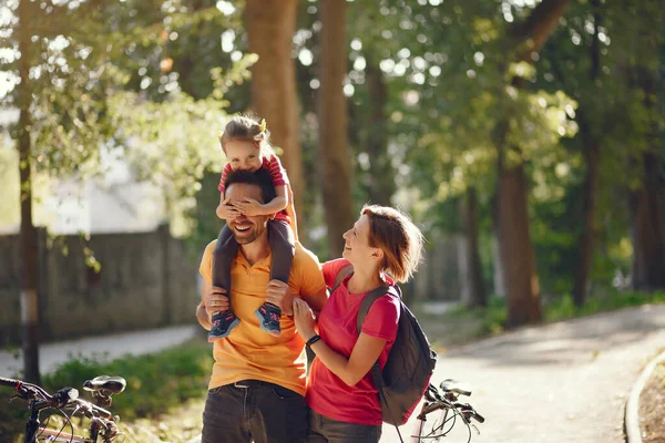 Familia con bicicleta en un parque de verano —  Fotos de Stock