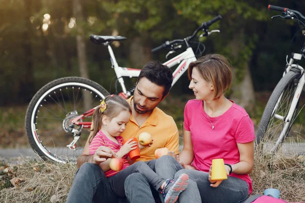 Familia con bicicleta en un parque de verano —  Fotos de Stock