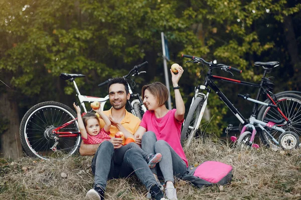 Familia con bicicleta en un parque de verano —  Fotos de Stock