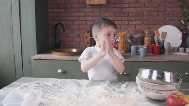 小さな男の子はクッキーのために生地を調理します — ストック動画