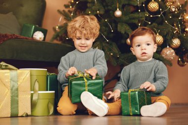 Gri kazaklı küçük çocuklar Noel ağacının yanında