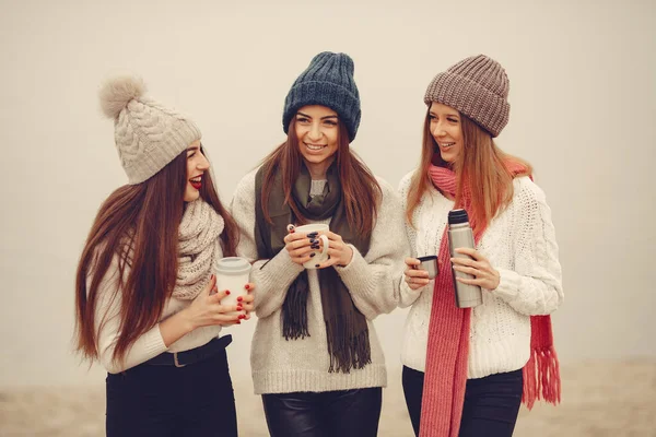 Mujeres en un parque de invierno sin nieve con termos y té —  Fotos de Stock