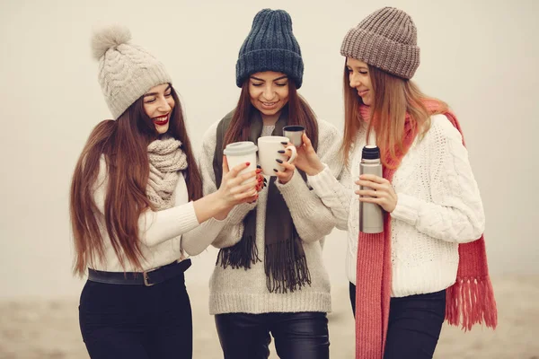 Vrouwen in een winterpark zonder sneeuw met thermoskan en thee — Stockfoto