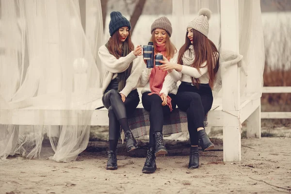 Kadınlar kış parkında, termossuz ve çaysız. — Stok fotoğraf