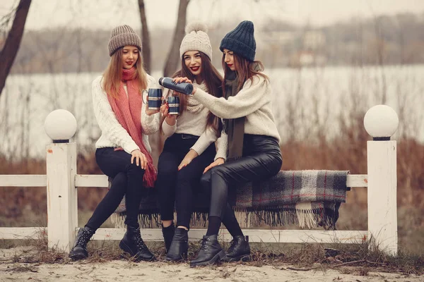 Donne in un parco invernale senza neve con thermos e tè — Foto Stock