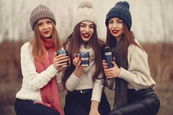 Donne in un parco invernale senza neve con thermos e tè — Foto Stock
