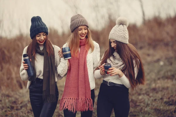 Donne in un parco invernale senza neve con thermos e tè — Foto Stock