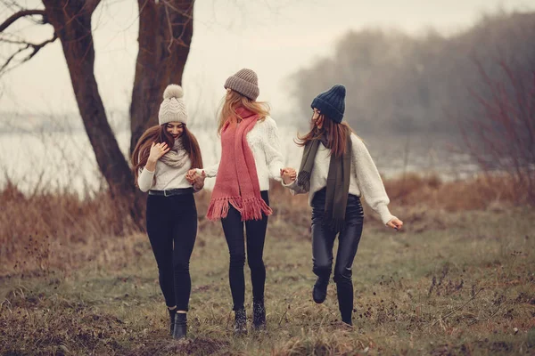 3.三个朋友在一个没有雪的冬季公园里散步 — 图库照片