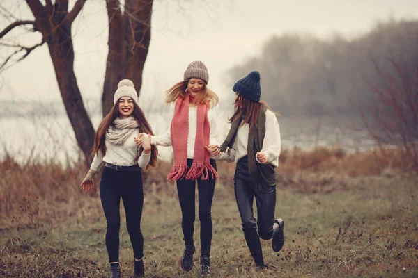 Tre amici camminano in un parco invernale senza neve — Foto Stock