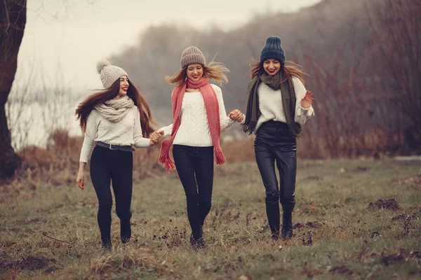 Tre amici camminano in un parco invernale senza neve — Foto Stock