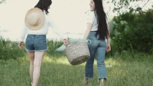 Dos amigas jóvenes llevan una cesta con una almohada — Vídeos de Stock