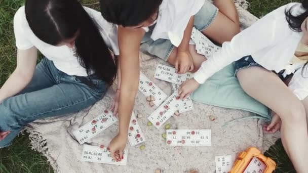 Primer plano del juego de lotería en un picnic en un parque — Vídeos de Stock