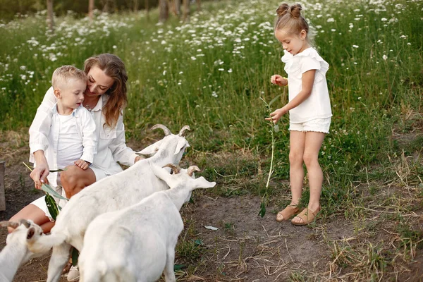 Mère avec deux enfants chèvres enfants dans le parc. — Photo