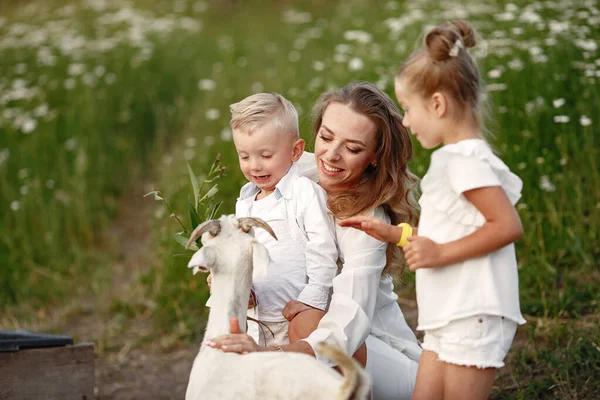 Mère avec deux enfants nourrit chèvre dans le parc. — Photo