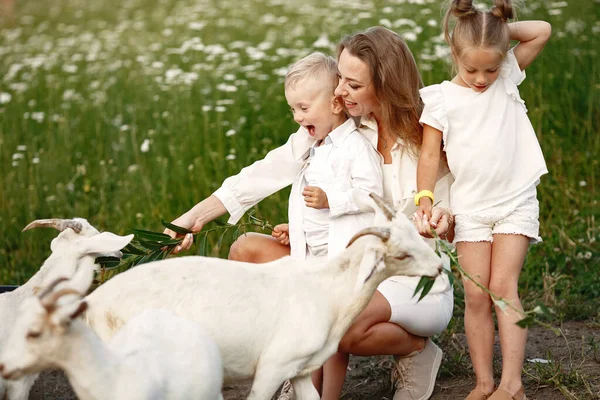 Mère avec deux enfants chèvres enfants dans le parc. — Photo