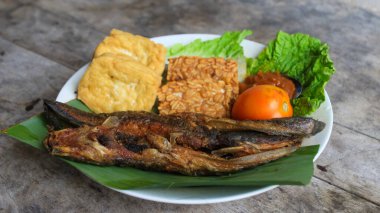 Domates soslu ve taze sebzeli bir tabak kızarmış yayın balığı geleneksel Endonezya mutfağıdır. catfish pecel, menü katalogları, yemek tarifi dergileri ve kapaklar için uygun