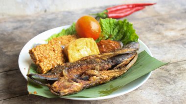 Domates soslu ve taze sebzeli bir tabak kızarmış yayın balığı geleneksel Endonezya mutfağıdır. catfish pecel, menü katalogları, yemek tarifi dergileri ve kapaklar için uygun