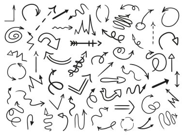 Infographic öğeleri yalıtım arka plan üzerinde. Oklar topluluğu. Vurgulayıcılar tasarımı için. Elle çizilmiş basit ok. Hat sanatı. Farklı işaretlere kümesi. Soyut oklar. Doodles'ın iş için. Sanat yaratma