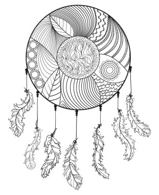 Düş kapanı. El Amerikan Kızılderililer sembolü çekilmiş. Zentangle. Siyah beyaz resim boyama. Zen sanat. Yetişkinler için manevi rahatlama için tasarım. Benzersiz görüntü tasarımı için. Hat sanatı