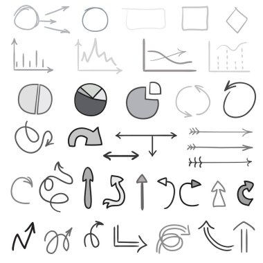 Infographic öğeleri. Daireler, oklar ve dikdörtgen çerçeveler. Büyük farklı belirtileri beyaz arka plan üzerinde ayarlayın. Tasarım için çizilmiş basit semboller el ve iş. Hat sanatı