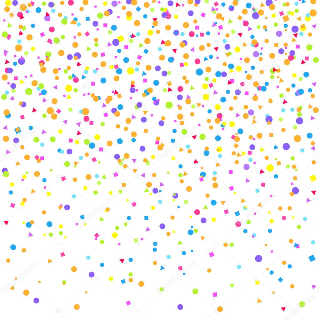 Falling multicolored glitters. Background with confetti. Pattern for design. Print for polygraphy, posters, t-shirts and textiles. Greeting cards
