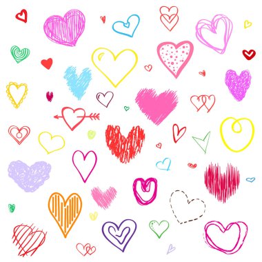 El Beyaz arka plan üzerinde renkli kalpler çekilmiş. Aşk belirtileri ayarlayın. Benzersiz illüstrasyon tasarımı için. Hat sanat yaratma