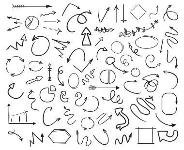 Infographic öğeleri. Soyut daireler, oklar ve dikdörtgen çerçeveler. Büyük farklı belirtileri yalıtım arka plan üzerinde ayarlayın. El tasarımı için basit semboller çekilmiş. Hat sanatı