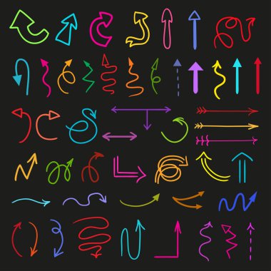 Yalıtım siyah arka plan üzerinde renkli oklar. Infographic öğeleri koleksiyonu. Çok renkli işaretleri el çekilmiş