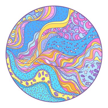 Deniz mandala. Daire desen çizgileri ve dalgalar. Deniz arka plan. Hat sanat yaratma. Zentangle. Boyama kitabı. Zen sanat. Yetişkinler için manevi rahatlama için tasarım