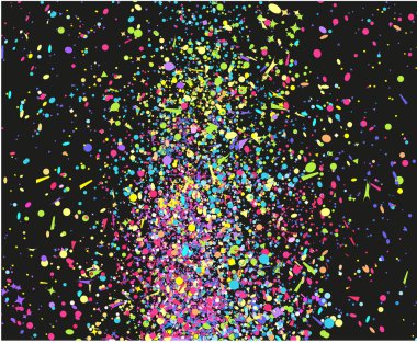 Koyu arka plan üzerinde renkli konfeti. Desen tasarımı için. Pırıltılar. El ilanları, poster, afiş ve Tekstil için yazdırın. Tebrik kartları. Patlama. Havai fişek