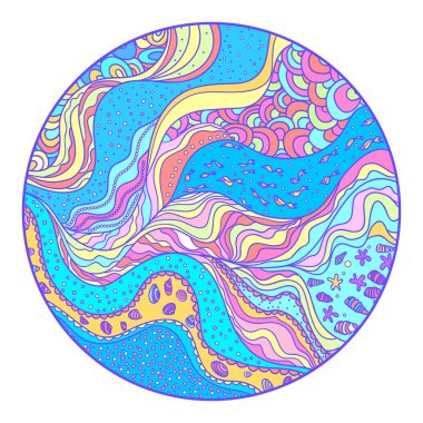 Mandala. Daire desen çizgileri ve dalgalar. Deniz arka plan. Hat sanat yaratma. Zentangle. Boyama kitabı. Zen sanat. Yetişkinler için manevi rahatlama için tasarım