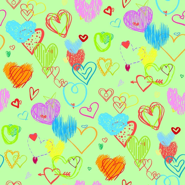 Handgezeichnete Bunte Herzen Schöner Hintergrund Nahtlose Textur Zeilenkunst Eine Reihe — Stockvektor