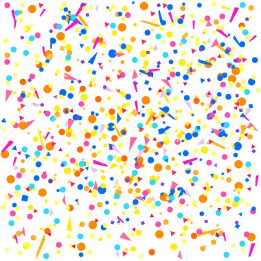Bright explosion. Multicolored pattern with random falling colored confetti on white background. Texture with glitters for design. Greeting cards. Print for polygraphy, posters, banners and textiles clipart