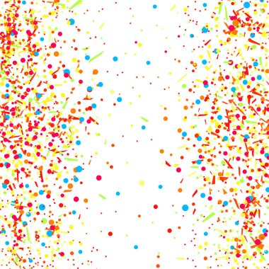 Rasgele düşme ile çok renkli desen konfeti beyaz arka plan üzerinde renkli. Doku pırıltılar tasarımı için ile. Tebrik kartları. Patlama. Parlak havai fişek. Yazdırma için Basım endüstrisi ve posterler