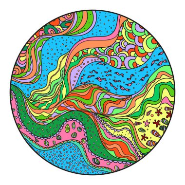 Deniz mandala. Parlak deniz arka plan. Daire desen çizgileri ve dalgalar. Hat sanat yaratma. Zentangle. Boyama kitabı. Zen sanat. Yetişkinler için manevi rahatlama için tasarım