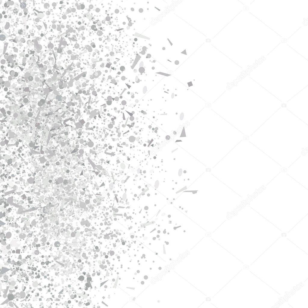 Explosion. Texture with silver glitters on white. Geometric background with confetti. Pattern for design. Print for banners, posters, flyers and textiles. Greeting cards