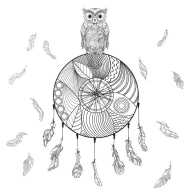 Baykuş ile düş kapanı. Uçan tüy. El çekilmiş görüntüsü. Zentangle. Siyah beyaz resim boyama. Zen sanat. Yetişkinler için manevi rahatlama için tasarım. Tasarım benzersiz görüntü