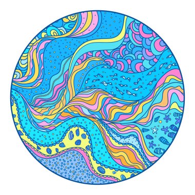 Mandala. Daire desen çizgileri ve dalgalar. Deniz arka plan. Hat sanat yaratma. Zentangle. Boyama kitabı. Zen sanat. Yetişkinler için manevi rahatlama için tasarım