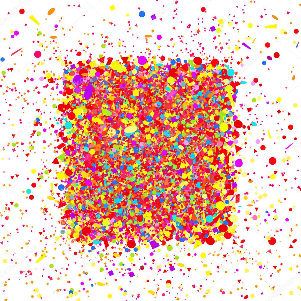 Square background. Multicolored confetti on white. Pattern for design with glitters. Print for polygraphy, posters, banners and textiles