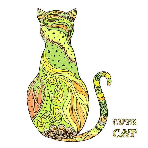 Gato Desenho Zentangle Gato Colorido Desenhado Mão Com Padrões Abstratos — Vetor de Stock