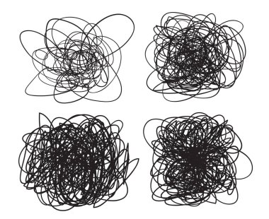 Kaos desenleri kümesi. Karalama kroki. Çizgiler bir dizi arka plan. Beyaz üzerinde kavga. Karmaşık kaotik doku. Sanat yaratma. Siyah beyaz resim. Basım endüstrisi, posterler ve gömlek için yazdırma