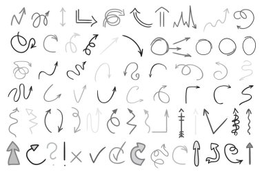 Oklar. Infographic öğeleri beyaz arka plan üzerinde. Elle çizilmiş basit semboller. Hat sanatı. Farklı işaretçi kümesi