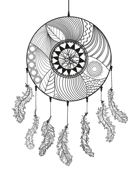 Dreamcatcher 手工绘制的神秘符号 Zentangle 禅宗艺术 成人精神放松设计 线条艺术创作 黑白插图着色 — 图库矢量图片