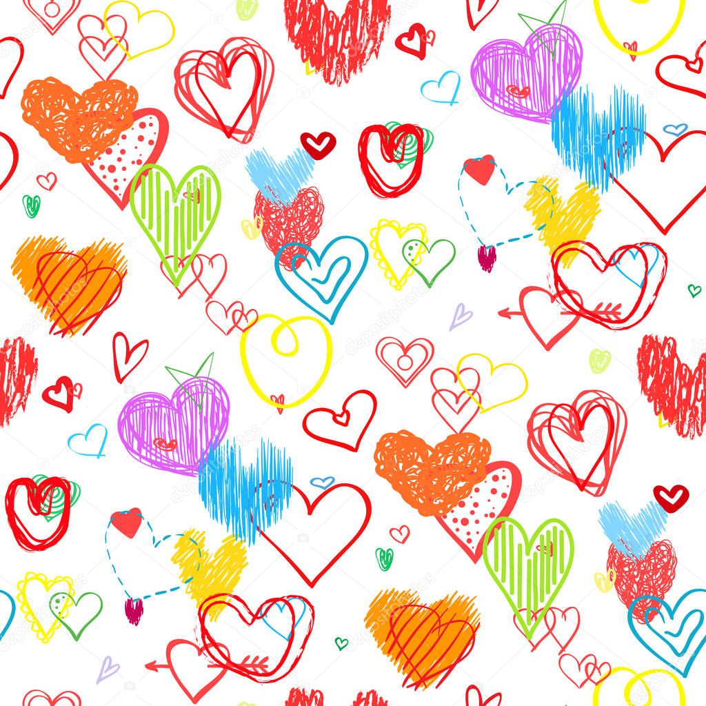 Seamless background with multicolored hearts. Colorful wallpaper. Hand drawn many big and small love signs. Line art