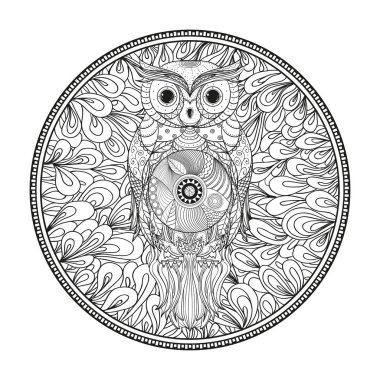 Beyaz baykuş ile Zendala. Zentangle tasarım. El mandala soyut desenler ile yalıtım zemin üzerine çekilmiş. Yetişkinler için manevi rahatlama için tasarım. Siyah beyaz resim boyama