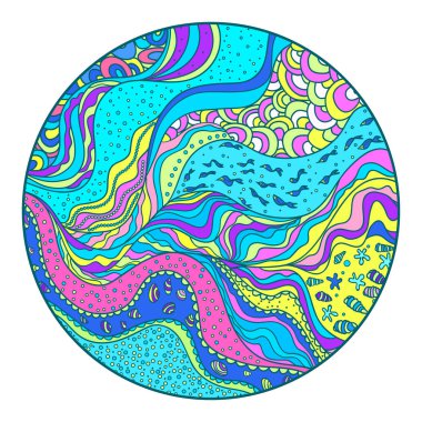 Deniz mandala. Daire desen çizgileri ve dalgalar. Deniz arka plan. Hat sanat yaratma. Zentangle. Boyama kitabı. Zen sanat. Yetişkinler için manevi rahatlama için tasarım